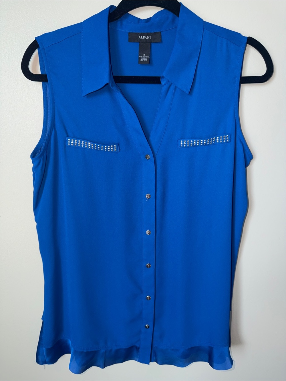 Alfani Royal Blue Sleeveless Button-Down Blouse with Rhinestone Trim